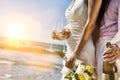 Midsection of newlywed couple with champagne bottle and flutes on beach Royalty Free Stock Photo