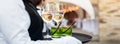 Midsection of professional waiter in uniform serving wine during buffet catering party, festive event or wedding. Full Royalty Free Stock Photo