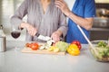 Midsection of senior man standing with woman cutting salad Royalty Free Stock Photo