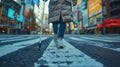 Midsection View of Blind Man Using White Cane at Busy Urban Crosswalk