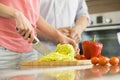 Midsection of woman chopping vegetables in kitchen with man standing in background Royalty Free Stock Photo