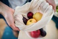 Midsection of woman holding fruit in reusable bag indoors, sustainable lifestyle.