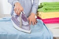 Midsection Of Woman Ironing Shirt Royalty Free Stock Photo