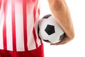 Midsection of young male caucasian athlete holding soccer ball over white background Royalty Free Stock Photo