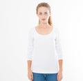 Midsection of young woman wearing blank tshirt on white background, girl in t-shirt mock up isolated Royalty Free Stock Photo