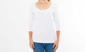 Midsection of young woman wearing blank tshirt on white background, girl in t-shirt mock up isolated Royalty Free Stock Photo