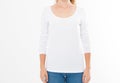 Midsection of young woman wearing blank tshirt on white background, girl in t-shirt mock up isolated Royalty Free Stock Photo