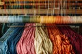 midshot of a loom with various colored yarns Royalty Free Stock Photo