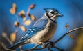 A blue jay perched on a tree branch with blurred blue sky background in summer, copy space, generative AI
