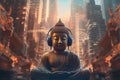 In the midst of the bustling city, a Buddha statue sits gracefully, wearing headphones. Generative AI