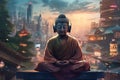 In the midst of the bustling city, a Buddha statue sits gracefully, wearing headphones. Generative AI