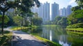 In the midst of a bustling cityscape a narrow road winds through a serene park. The meticulously maintained greenery and