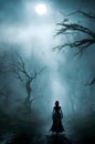 A woman standing in the middle of a dark and foggy forest, with a full moon