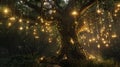 In the midst of a deep enchanted forest stands a towering tree adorned with ornate illuminated mcripts hanging from its