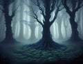 Fantasy dark forest with fog and full moon, 3d render Royalty Free Stock Photo