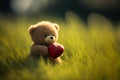 A Romantic Gesture, Teddy Bear with Heart in the Summer Grass. Generative AI