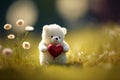 A Romantic Gesture, Teddy Bear with Heart in the Summer Grass. Generative AI