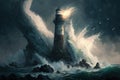 Lighthouse in a stormy sea, waves above the tower Royalty Free Stock Photo