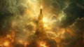In the midst of a raging thunderstorm a lone figure stands atop a tall tower adorned in golden symbols and surrounded by
