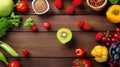 Healthy food on wooden table. Copyspace background. Top view.