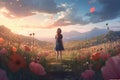 In the midst of a stunning natural landscape during a warm summer sunset, a young girl stands on a green meadow. Anime