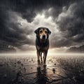 Dejected dog walks the streets in torrential rain Royalty Free Stock Photo