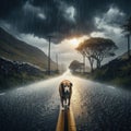 Dejected dog walks the streets in torrential rain