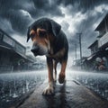 Dejected dog walks the streets in torrential rain Royalty Free Stock Photo