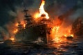 Bismarck warship on fire in the battle