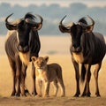 Young lion cub(s) stand among wildebeest