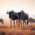 Young lion cub(s) stand among wildebeest