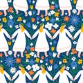 Midsummer dancing girls in flower field, vector seamless pattern