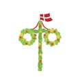 Midsummer floral wreaths, Danish flag, maypole decorated, covered in flowers, leaves. Midsummer traditional symbol in Denmark.