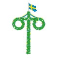 Midsummer floral wreaths, Swedish flag, maypole decorated, covered in flowers, leaves. Midsummer traditional Swedish symbol. Card