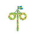 Midsummer floral wreaths, Swedish flag, maypole decorated, covered in flowers, leaves. Midsummer traditional Swedish symbol. Card