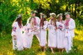 Midsummer. A group of young people of Slavic appearance at the celebration of Midsummer