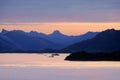 Midsummer sunlight at Vestfjorden, Lofoten islands, Norway Royalty Free Stock Photo