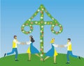 Midsummer in Sweden. Dancing around Maypole. Vector illustration.