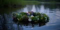 Midsummer wreath of wild flowers with candles floats on the river Generative AI.