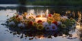 Midsummer wreath of wild flowers with candles floats on the river Generative AI.