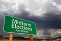 Midterm Elections Green Road Sign Over Dramatic Clouds and Sky