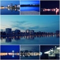 Midtown Astrakhan skyline at dusk panorama over Volga River in Night.