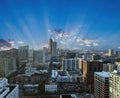 Midtown Atlanta drone footage of skyline and cityscape during the day with sun shinning through clouds