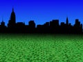 Midtown Manhattan skyline with abstract dollar currency foreground illustration