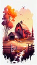 Midwest Harvest: A Sunny Scene of Mowing Hay and Falling Leaves in a Red Barn Field Illustrated in Gouache