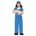 Midwife, doctor with the concept of a newborn. A woman nurse, doctor or midwife smiles in a blue uniform, standing tall