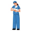 Midwife, doctor with the concept of a newborn. Woman nurse, doctor or midwife smiles in a blue uniform, standing tall