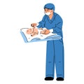 A midwife, a doctor with a newborn. A female nurse, doctor or midwife in a blue uniform wearing a medical mask examines