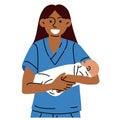 A midwife or a doctor with a newborn. A woman nurse, doctor or midwife smiles in a blue uniform, standing holding a