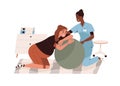 Midwife helping pregnant woman during labor, child birth at home. Obstetrician assisting in baby delivery on ball. Mom at